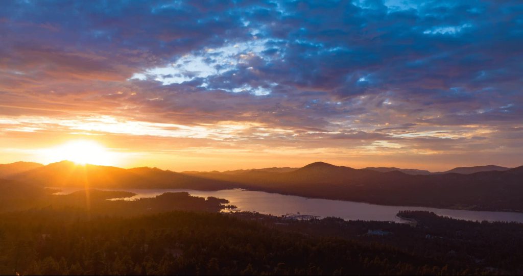 Snow Summit skyline at sundown with glowing mountain ridges