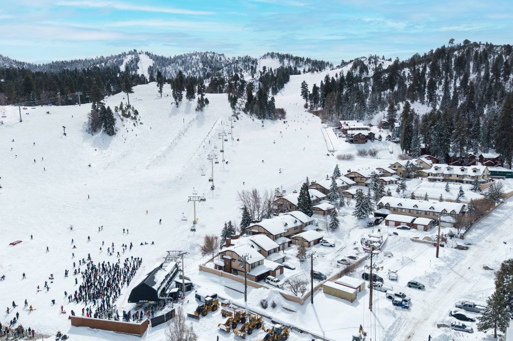 Aerial view of Bear Mountain ski slopes and Comstock Highlands condos in Big Bear Lake