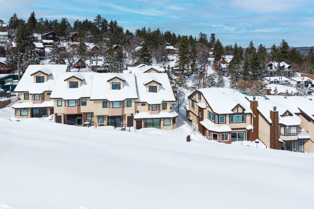 Bear Mountain base area and parking lot in winter near Comstock Highlands
