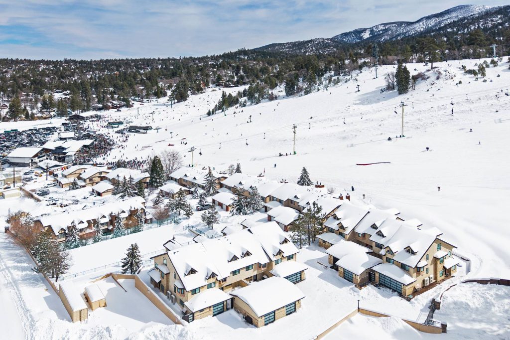 Aerial view of Bear Mountain ski resort and Comstock Highlands in winter
